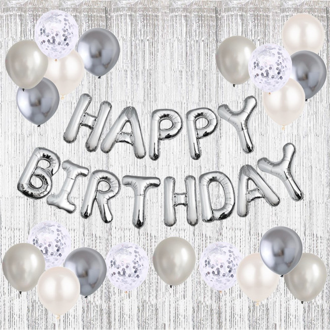 HBD 은박풍선 크롬메탈 혼합풍선세트 파티커튼 생일파티세트 [에브리띵스마일] 1221, 1세트, 실버 풍선 커튼