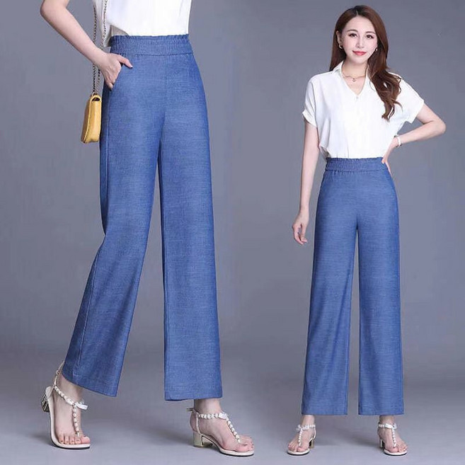 해피유통 여성 텐셀 청바지 여름 얇은 냉장고 9부 와이드 팬츠 jhy