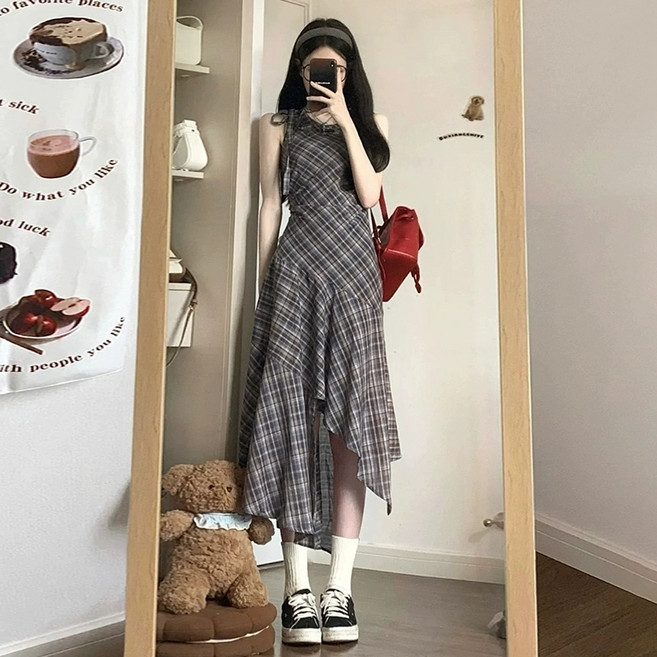 해피유통 여성 민소매 밑단 언발 체크 여름 나시 롱원피스 XG15