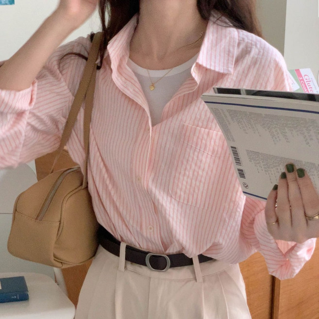 cammello 여성 내추럴 루즈핏 스트라이프 셔츠 간절기 긴팔 남방