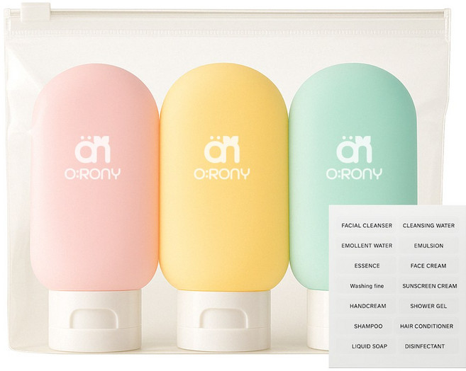 오로니 새지않는 여행용 휴대용 실리콘 튜브 공병 3P+파우치 60ml, 1개, 혼합색상(핑크&옐로우&민트)