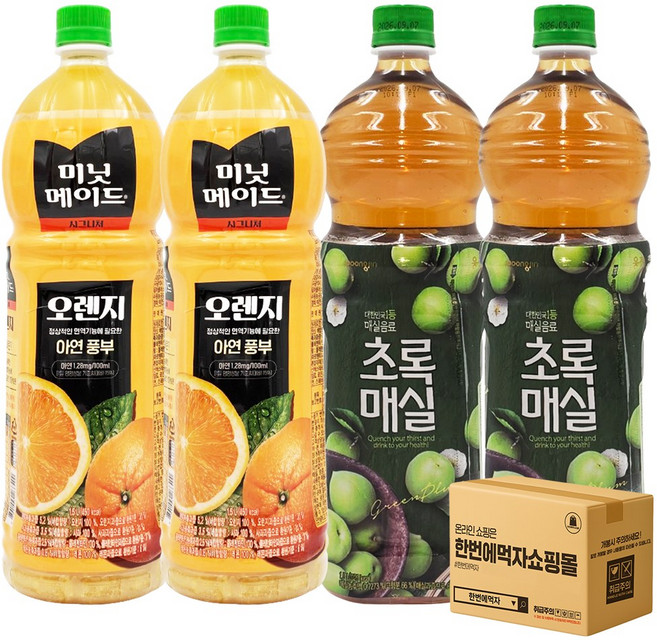 [한번에먹자] 과즙음료 1.5L 2종 혼합세트 ( 미닛메이드 오렌지 + 웅진 초록매실 ) 사무실음료 가정용 과일음료 대용량 식자재 오렌지주스 매실음료 매실주스, 4개