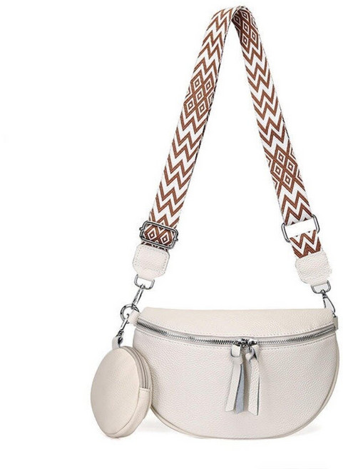 真皮時尚半月包 斜背包 胸包 腋下包 單肩包 時尚潮流 寬肩帶 零錢包 送禮, 1+1 米白色