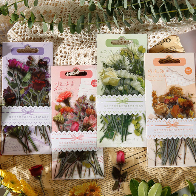 플라워 빈티지 압화 꽃말 식물 스티커 다꾸 4종, 3.겸손함 (ST-5752)