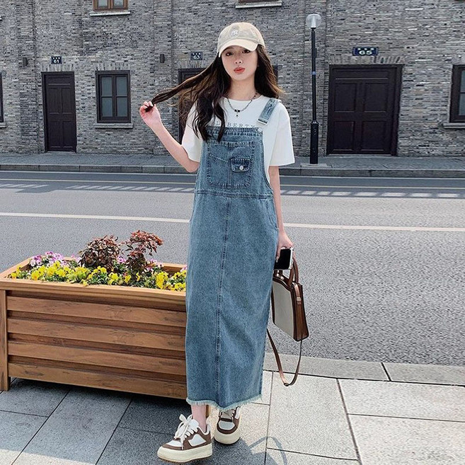 FANSYLI 롱원피스 중년 여성 봄 여름 가을 데님 멜빵 스커트 빅사이즈 원피스 데일리 엄마옷 X2505M21