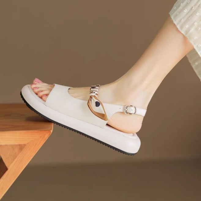 一字帶軟底涼鞋女，軟皮百搭羅馬鞋, 24 cm, 白色