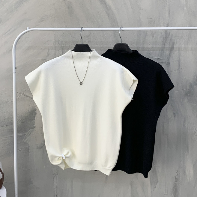 행복여 1+1 미오 드롭숄더 반 하이넥 기본 반팔 니트