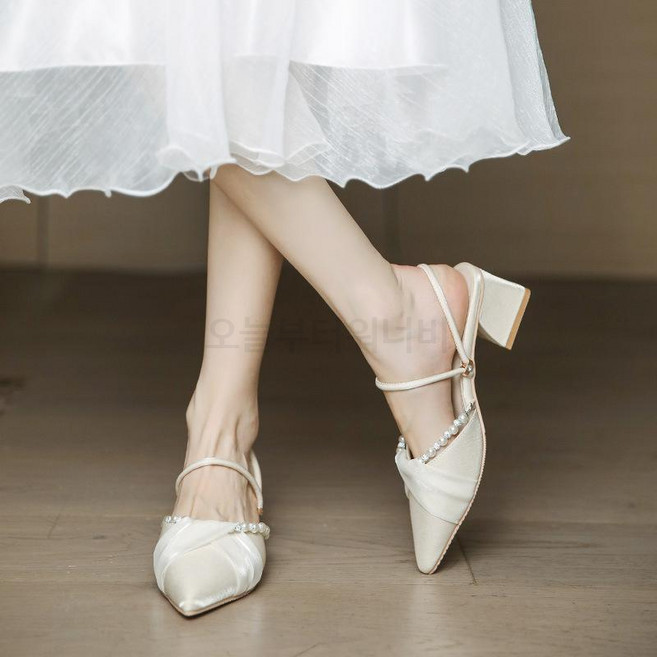 여성 새틴 진주장식 스트랩 스틸레토 통굽 블로퍼 뮬슬리퍼 슬링백 슬리퍼 구두