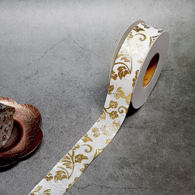 10마) 화이트 25mm폭 금박국화 한복원단리본 전통선물 떡 답례품 포장재료 한복 diy