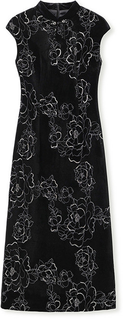 【國風珠繡】旗袍裙 連衣裙 宴會禮服 復古連衣裙 氣質長裙 性感修身 牡丹刺繡 早秋新款 宴會派對 日常穿搭, 黑色