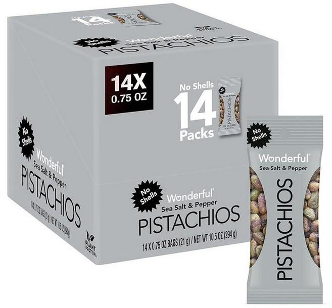 Wonderful Pistachios 껍질 없음 할라피뇨 라임 너트 21.3g(0.75온스) 백(14팩) 단백질 스낵 글루텐 프리 이동 중에도 개별 포장된 건강한 스낵, Sea Salt & Pepper