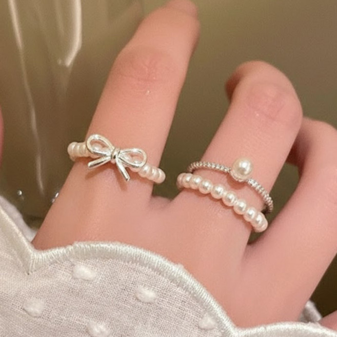 여성 로맨틱 러블리 심플 리본 진주 레이어드 오픈 링 반지 3종 세트 A2637