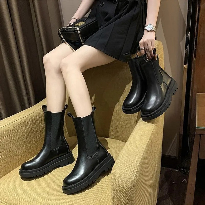 Max admire 時尚厚底切爾西短靴 柔軟皮革舒適 百搭顯瘦款 黑色