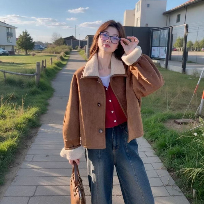 WPUY 여자코트 리버시블무스탕 자켓 여성 스웨이드 자켓 겨울 기모 도톰한 양털 숏 자켓 캐주얼 뽀글이 후리스 숏코트