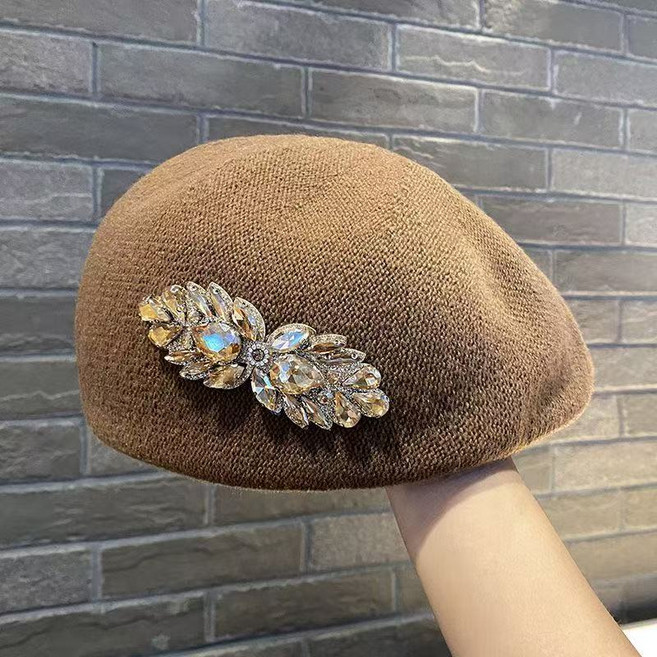 AURALA 여성 베레모 가을 겨울 빈티지 뉴타입 중공업 큐빅 플라워 햅번 캡 모자 화가 모자
