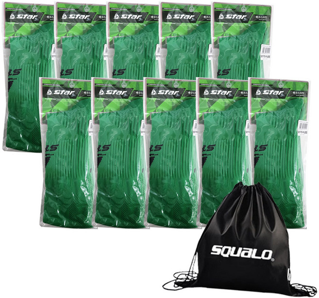 STAR 스타 축구 스타킹 성인 SO160S/SO170S, 그린 10개입 + 스쿠알로 가방