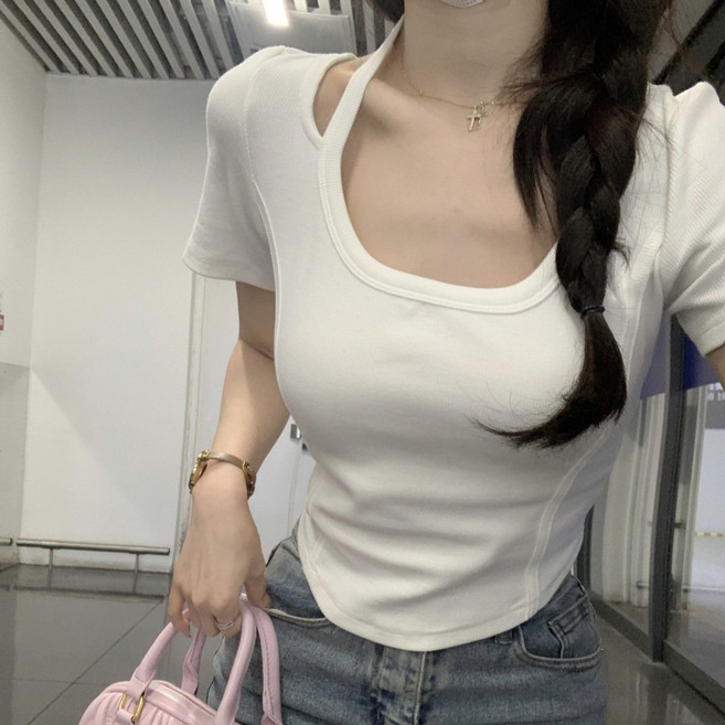 야오야오 모달 밑단굴림 크롭 홀터 반팔 티셔츠