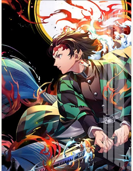 푸아이 실십자수 귀멸의 칼날 애니 프린트도안 패키지 자수세트 명화 캐릭터 선물 홈데코, 면사 40x50, 1개