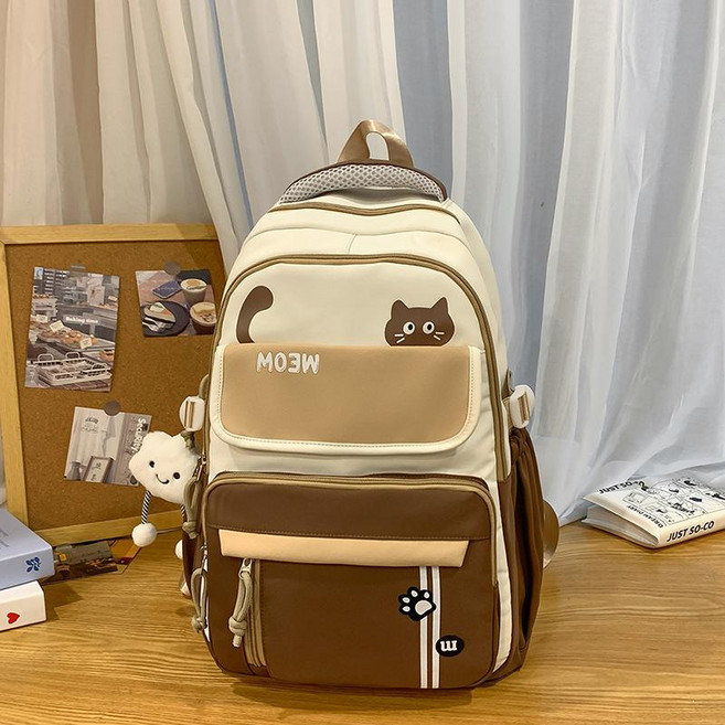 韓版大容量學生書包 貓咪設計電腦背包, 加厚大容量~棕色