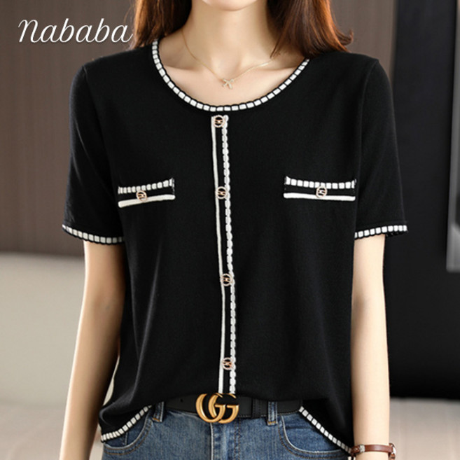 나바바 NK3048 여성 빈티지 배색 포인트 반팔 니트티