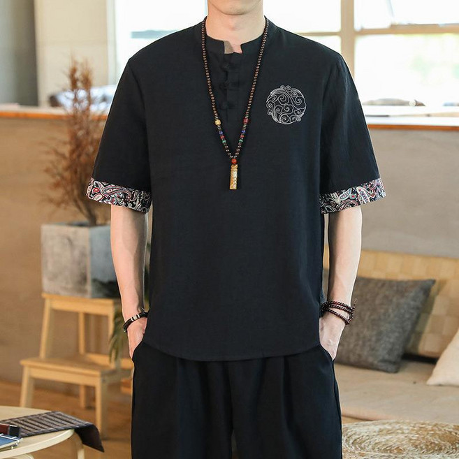 男士短袖襯衫 中國風刺繡盤扣立領棉麻衫, 1個, MY51-黑色【收藏優先發貨】XL建議120斤-135斤