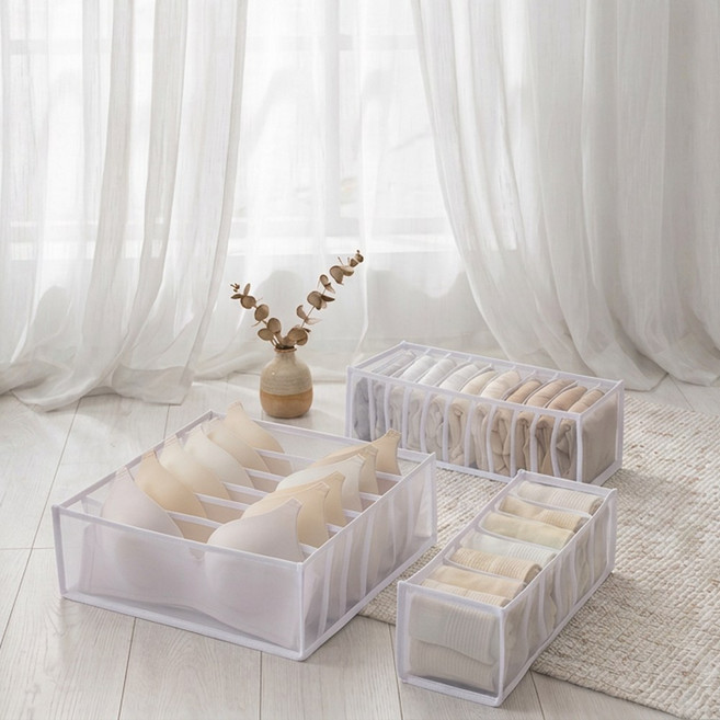 푸른숲살림 망사통풍 다용도 속옷 양말 정리함 3종 세트, 1세트, 화이트