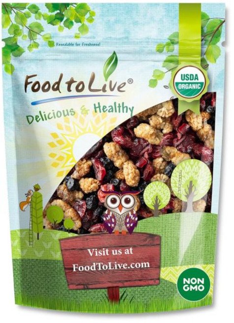 유기농 맛있는 베리 믹스 1파운드 - 설탕이 부드럽게 주입된 비유전자변형 블루베리 크랜베리 화이트 뽕나무 혼합물. 해바라기 오일로 가볍게 코팅됨, 4 Pounds