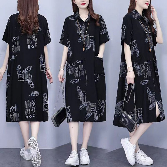 POMTOR 여성 오버핏 반팔 프린트 포켓 롱셔츠원피스 빅사이즈 롱원피스 셔츠