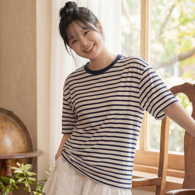 라뷰드 여성 라운드넥 줄무늬 반팔 티셔츠 봄가을 여름 데일리 스트라이프 상의 기본 심플 루즈핏 오버핏 단가라 반팔티