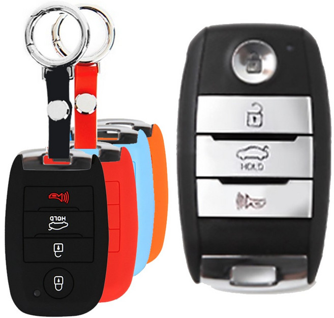 바이디지탈 기아 호환 K3 쿱 K5 더뉴 스포티지 올뉴 쏘렌토 쏘울 카렌스 프라이드 카니발 4버튼 스마트키 / 실리콘 차 키홀더+후크 키링 세트, 실리콘 차키케이스+링후크, 스카이블루