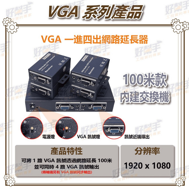 HD-VGA100A-4SP_VGA 一進四出 100米 網線延長器, 1個