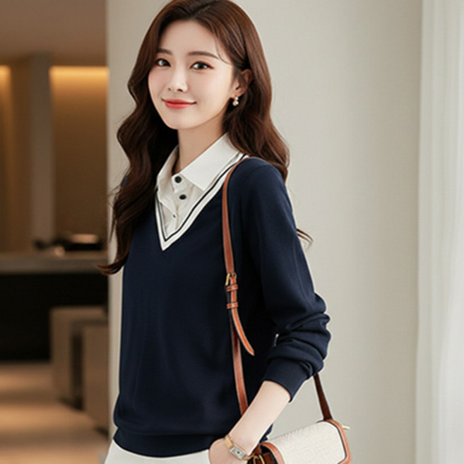 데일로엔 여성 셔츠 레이어드 브이넥 스웨트 긴팔 티셔츠