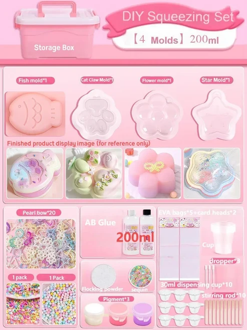 Taba Squishy 용 액체 실리콘 메이커 키트 DIY 만들기 아트 공예 성형 용품 세트 감압 선물, As Shown, Moldx4 StorageBox, 1개