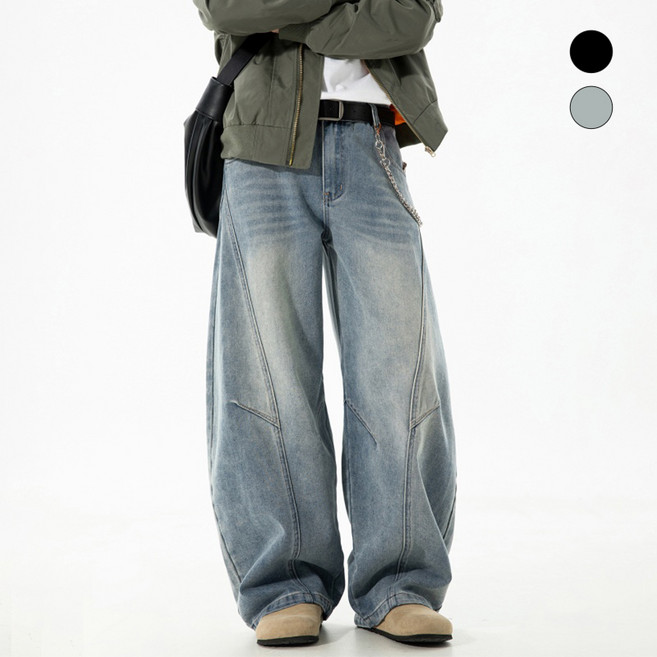 HANYO 와이드 벌룬핏 허리 밴딩 Y2K 스트릿 루즈핏 데님 팬츠 청바지
