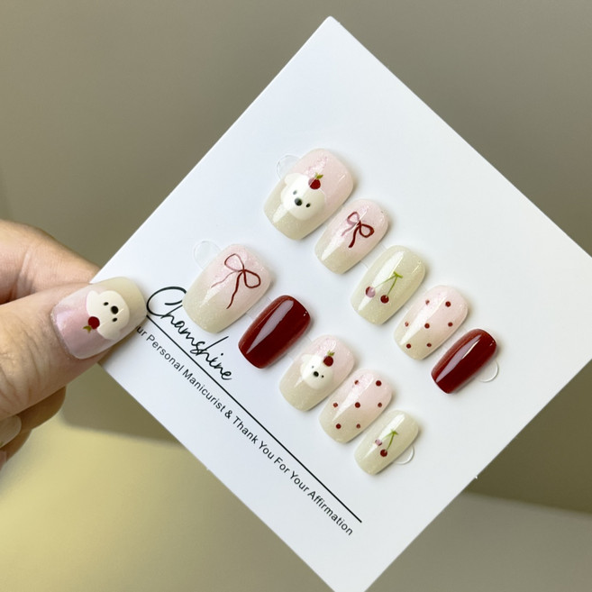 참샤인 체리퍼피 도트 리본 네일팁, 1개, 레드M