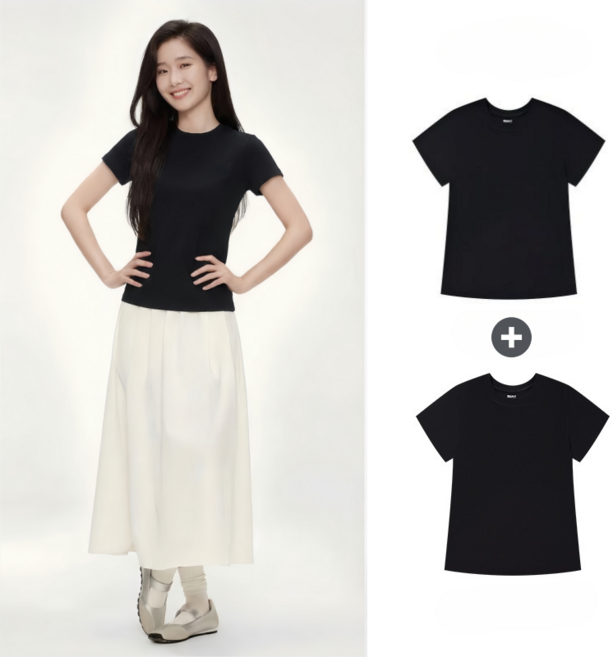 1+1 여성용 데일리 라운드넥 크롭 반팔 티셔츠 2P 베이잉