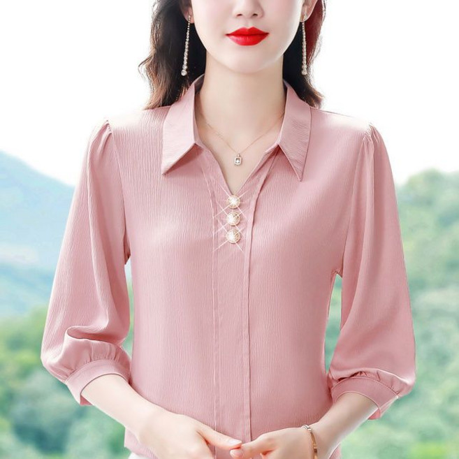 중년 여성 여름 쉬폰 셔츠 고급스러운 슬림핏 블라우스 패션 엄마 7부 소매 티셔츠 YCY