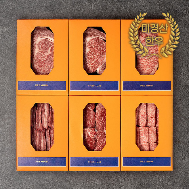 (명절 선물 세트)정육백화점 1++ 9등급 미경산 한우 6P-2호 세트/워터에이징 숙성+스킨포장/꽃등심 500g+채끝살 250g+갈비살 250g+살치살 250g+안심살 250g, 1개