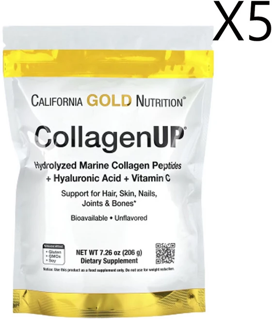 캘리포니아골드뉴트리션 CollagenUP 히알루론산 및 비타민C 함유 가수분해 해양 콜라겐 펩타이드 무맛, 206g, 5개 - 쿠팡