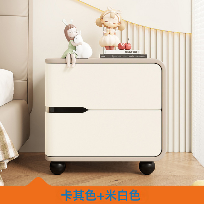 奶油風實木床頭櫃 輕奢設計感收納款, Y4實木+貓抓皮卡其色 +米白色 右邊