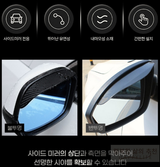 행복 사이드미러 빗물막이 자동차빗물받이, 반투명, 1개