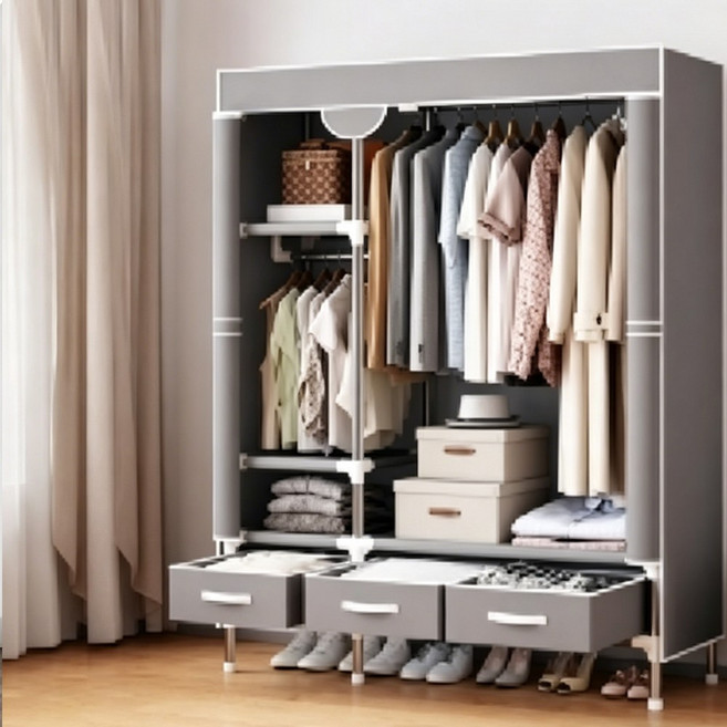 簡易布衣櫃 帶抽屜防塵衣櫥 學生宿舍收納櫃, 淺灰色 112*45*170 送3個抽屜