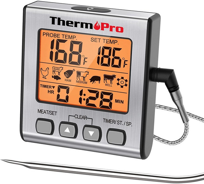 ThermoPro TP-16S 燒烤用探針式溫度計 (-10-300度) 含計時器 背光LCD 廚房烤箱肉類BBQ, 1個