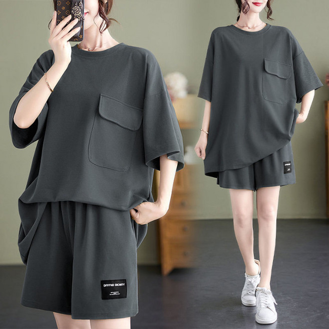 【微胖顯瘦】休閒套裝女 短袖短褲兩件套 夏季套裝 女裝套裝 運動套裝 寬鬆大碼 時尚百搭 冰絲透氣 歐貨設計 居家出行
