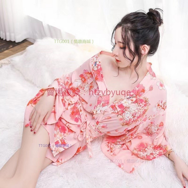 日系清純櫻花妹 開襟雪紡透膚和服 情趣睡衣 浴袍