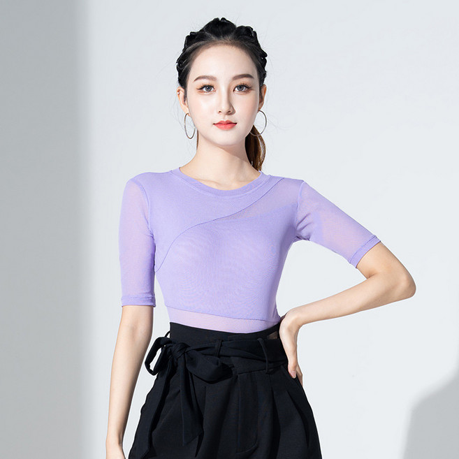 여성댄스복상의 에어로빅복 라인댄스복 반팔요가복 라인댄스상의 방송댄스복, 밝은 보라색 (결합), L