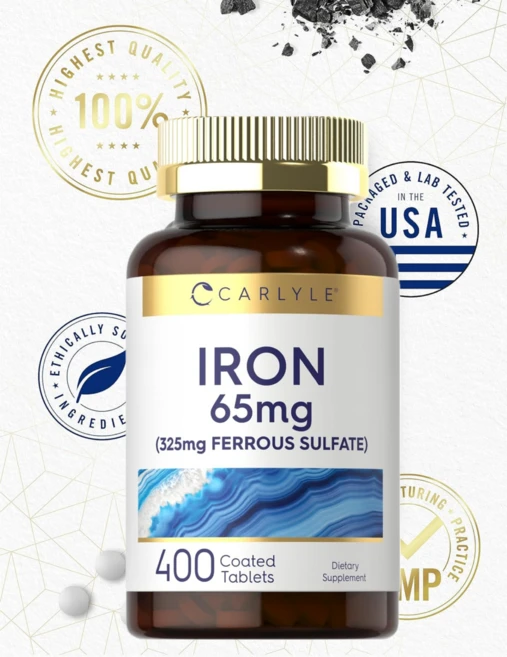 CARLYLE Iron Ferrous Sulfate 65 mg /400 Tablets/Non-GMO Gluten Free / Vegan / 철분, 1개, 400정 - 쿠팡