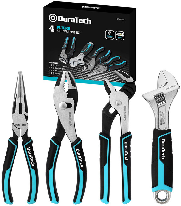 DURATECH 플라이어 4종 세트 롱노우즈+첼라+잉어 플라이어+몽키 렌치, 1세트
