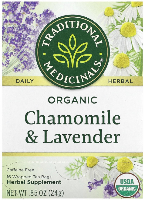 Traditional Medicinals 유기농 카모마일 & 라벤더 카페인 무함유 포장 티백 16개입 24g(0.85oz), TraditionalMedicinals유기농카모마일라벤, 1개, 16개