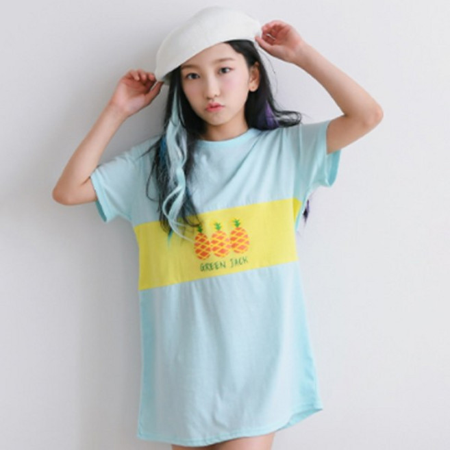 잭키드 여아용 통기성 파인애플 반팔 롱 라운드 티셔츠